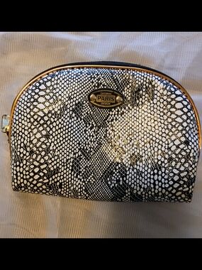 Black & White Snake-Print Cosmetic Pouch with Gold Trim 8x6 Inches